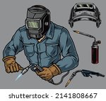 Welding colorful elements design with blowtorch, worker in metal mask using torch isolated gray background, vector illustration