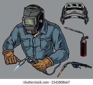 Welding colorful elements design with blowtorch, worker in metal mask using torch isolated gray background, vector illustration