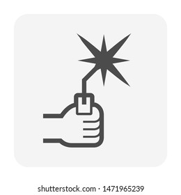Welding electrode holder and hand welder icon. Also called welding rod stick or manual metal arc welding (MMA). Use to hold coated electrode and connect to engine driven welder by cable. Vector icon.
