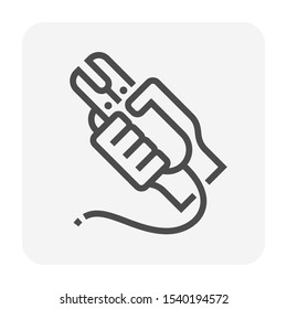 Welding electrode holder and hand welder icon. Also called welding rod stick or manual metal arc welding (MMA). Use to hold coated electrode and connect to engine driven welder by cable. Vector icon.