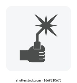 Welding electrode holder and hand welder icon. Also called welding rod stick or manual metal arc welding (MMA). Use to hold coated electrode and connect to engine driven welder by cable. Vector icon.