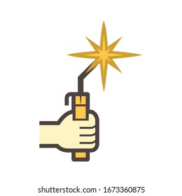 Welding electrode holder and hand welder icon. Also called welding rod stick or manual metal arc welding (MMA). Use to hold coated electrode and connect to engine driven welder by cable. Vector icon.