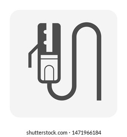 Welding electrode holder icon. Also called welding rod stick. Use to hold coated electrode and connect to engine driven welder by cable for arc welding process to join metal to metal by electricity.