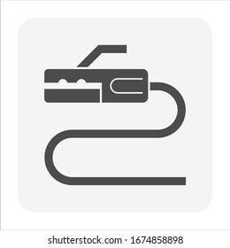 Welding electrode holder icon. Also called welding rod stick. Use to hold coated electrode and connect to engine driven welder by cable for arc welding process to join metal to metal by electricity.
