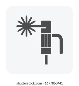 Welding electrode holder icon. Also called welding rod stick. Use to hold coated electrode and connect to engine driven welder by cable for arc welding process to join metal to metal by electricity.
