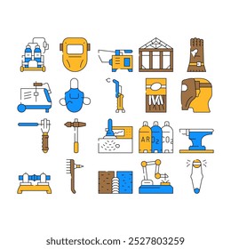 Welding Engineering Collection Icons Set Vector. Welding Torch And Electric Station Equipment, Protective Glove And Facial Mask, Hammer And Electrodes color Contour Illustrations