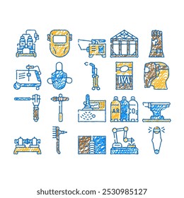 welding engineering doodle icons set vector. sketch line art welding torch and electric station equipment, protective glove and facial mask, hammer and electrodes color illustrations