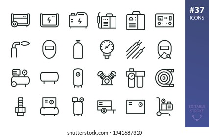 Welding Equipment And Air Compressors Isolated Icons Set. Set Of Diesel Generator, Welding Machine, Car Charger Starter, Welding Mask, Air Compressor And Receiver, Airless Paint Sprayer Vector Icon