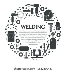 Welding equipment banner template with torch, oxygen cylinder, circular saw, clamp, hex bolt icons. Welder gear, tools and protective wear. Graphic illustrations set in round frame, text inside.