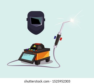 Welding equipment flat vector illustration. Metalworking machine and protective mask on blue background. Factory machinery, portable automated electric tool. Industry apparatus with sparks