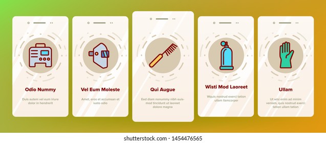 Welding Equipment Icons Vector Onboarding Mobile App Page Screen. Construction, Welding, Brazing Tools, Stuff Thin Line Icons Collection. Welders Instruments, Protective Gear.