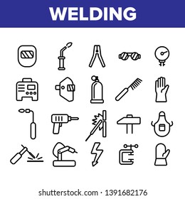 Welding Equipment Linear Icons Vector Set. Construction, Welding, Brazing Tools, Stuff Thin Line Icons Collection. Welders Instruments, Protective Gear. Manufacturing Isolated Outline Symbols