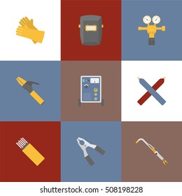 Welding equipment and tools. Set of icons in a flat style. Vector illustration