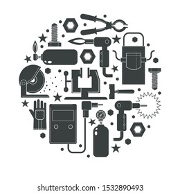 Welding equipment. Torch, oxygen cylinder, circular saw, clamp, hex bolt. Welder gear, tools and protective wear. Icons in round shaped set. Graphic vector illustration on white background.