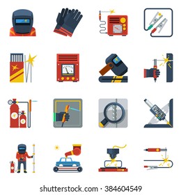 Welding flat color icons set of gas cylinders rubber gloves helmet gas burner isolated vector illustration 