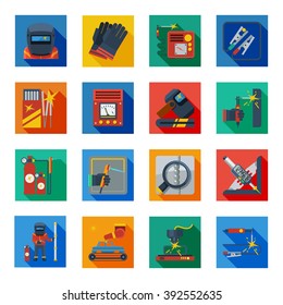 Welding flat icons in colorful squares with welder tools protection clothes and measuring instrument isolated vector illustration 