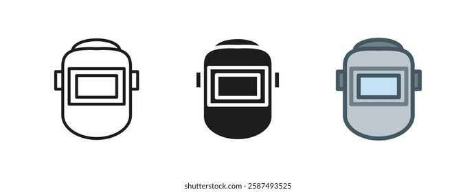 Welding helmet icon. Protective headgear symbol. Industrial safety shield vector illustration. Metalworking equipment sign. Durable workshop mask pictogram. Construction and engineering concept.