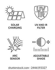 Propiedades del casco de soldadura - carga solar, Filtrar UV e IR, sensor de arco y sombra ajustable. Conjunto de iconos de esquema