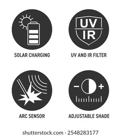 Propiedades del casco de soldadura: carga solar, Filtrar UV e IR, sensor de arco y pantalla ajustable. Conjunto de iconos de círculo plano