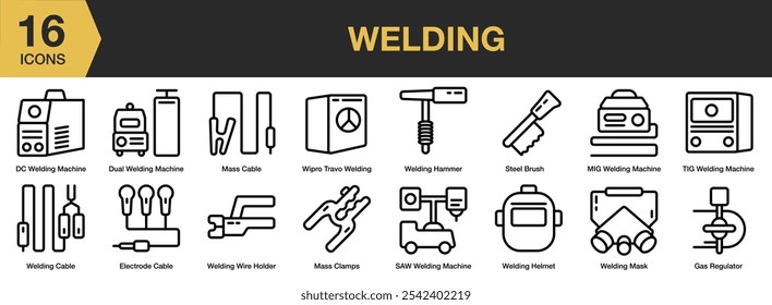 Conjunto de iconos de soldadura. Incluye máquina de soldadura, cable de electrodo, regulador, abrazaderas de masa y más. Colección de Vector de iconos de contorno.