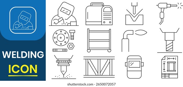 Conjunto de ícones de solda. Linha de soldadura ícone definir design gráfico. Soldadura a gás, soldador, mecânica e muito mais. Conjunto de vetor de ícone de coleção de máquina de solda. Ilustração vetorial.