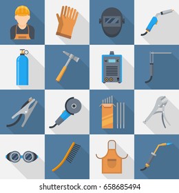 Welding Icon Set. Supplies And Equipment For Metal Joining, Safe And Modern Technology. Vector Flat Style Cartoon Illustration Isolated On White Background