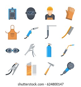 Welding Icons In A Flat Style. Vector Set Of Equipment And Tools For The Welder. Protective Equipment During Welding Isolated On White Background.