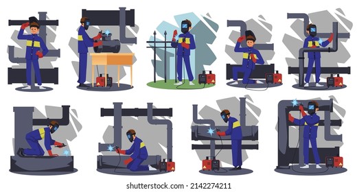 Welding industrial work banners with worker characters, flat vector illustration isolated on white background. Set for welding and repair of metal structures.