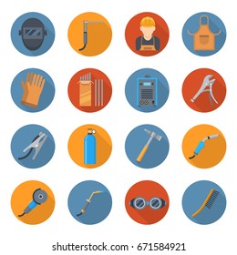 Welding industry cartoon icon set. Fusing materials together industry, accessories equipment. Vector flat style illustration isolated on white background