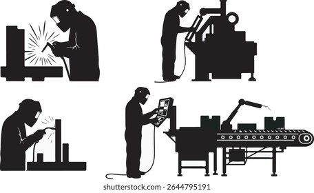 Welding industry silhouettes depict manual and robotic welding processes. Illustrative graphics for manufacturing, automation, and industrial technology.