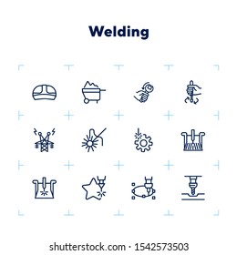 Welding line icon set. Set of line icons on white background. Engine concept. Monitor, worker, electricity. Vector illustration can be used for topics like machinery, automatic, factory