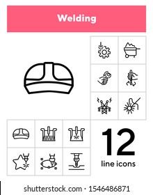 Welding line icon set. Set of line icons on white background. Engine concept. Monitor, worker, electricity. Vector illustration can be used for topics like machinery, automatic, factory