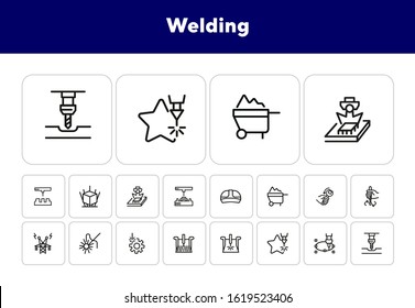 Welding line icon set. Set of line icons on white background. Engine concept. Monitor, worker, electricity. Vector illustration can be used for topics like machinery, automatic, factory