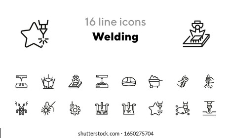 Symbol für die Schweißlinie eingestellt. Satz von Zeilensymbols auf weißem Hintergrund. Motorkonzept. Überwachen, Arbeiter, Strom. Vektorillustration-Illustration kann für Themen wie Maschinenbau, Automatik, Fabrik verwendet werden
