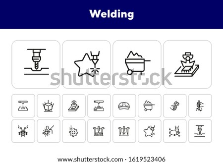 Welding line icon set. Set of line icons on white background. Engine concept. Monitor, worker, electricity. Vector illustration can be used for topics like machinery, automatic, factory