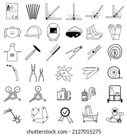 Welding line icon set on white background. 33 vector icons welding tools, protective wear, measuring devices. Welding web graphics