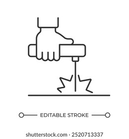 Welding linear icon. Hand holding welding torch. Metalwork concept. Industrial hand tool. Welding sparks. Thin line illustration. Contour symbol. Vector outline drawing. Editable stroke