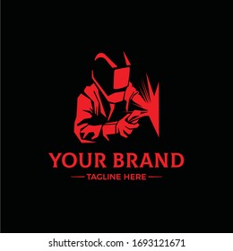 WELDING LOGO, welder silhouette working with weld helmet in simple and modern design style