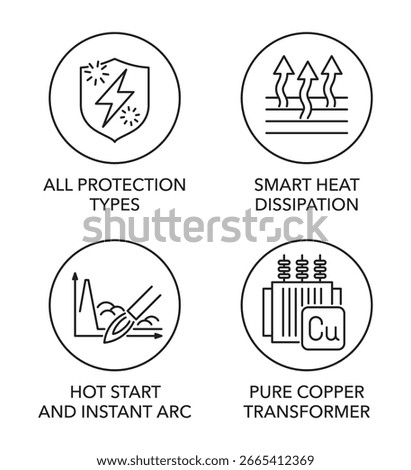 Welding Machine benefits icons set - All Protection Types, Smart Heat Dissipation, Hot Start and Instant Arc, Pure Copper Transformer. Pictograms for labeling in thin line
