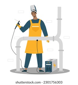 Welding machine concept. Man in protective suit with machine repairs pipes. Metal and construction business. Worker with equipment. Poster or banner. Cartoon flat vector illustration