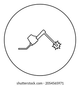 Máquina de soldadura en mano sosteniendo herramienta eléctrica usar Brazo usando equipo Icono de electrodo de chispa en círculo color negro ilustración de vector contorno sólido estilo de imagen simple