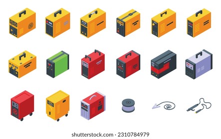 Los iconos de la máquina de soldadura establecen un vector isométrico. Material del cable. Acero ingeniero