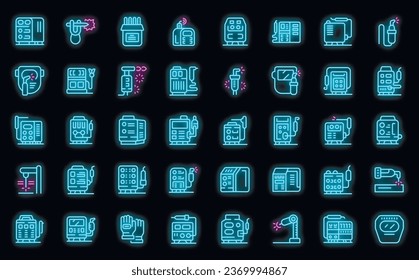 Welding machine icons set outline vector. Cable material. Factory industry neon color on black