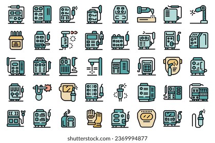Welding machine icons set outline vector. Cable material. Factory industry thin line color flat on white