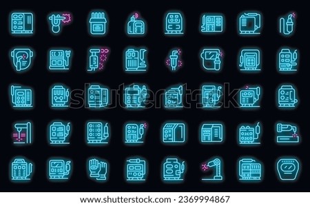 Welding machine icons set outline vector. Cable material. Factory industry neon color on black