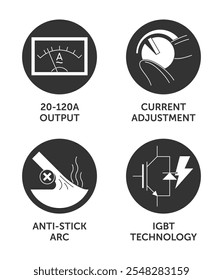 Máquina de solda conjunto de ícones principais benefícios - 20-120A faixa de saída, ajuste de corrente, arco anti-aderente, tecnologia IGBT. Pictogramas para a rotulagem em monocromática e em formas redondas