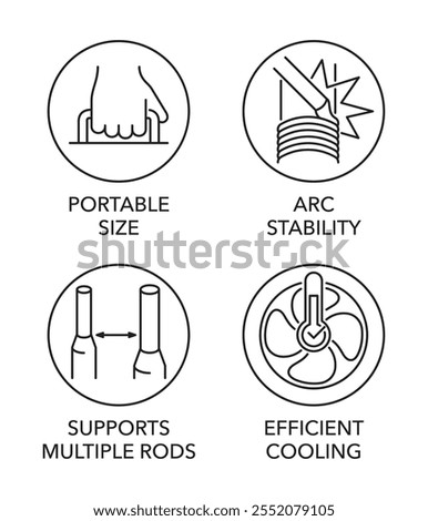 Welding Machine main benefits icons set - 20-120A output range, Current adjustment, Anti-stick arc, IGBT technology. Pictograms for labeling in thin line and round shapes