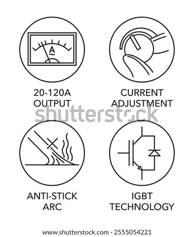 Welding Machine main benefits icons set - 20-120A output range, Current adjustment, Anti-stick arc, IGBT technology. Pictograms for labeling in thin line and round shapes