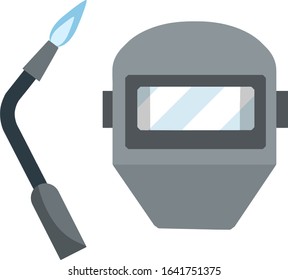 Welding machine and mask. Clothing and safety equipment. Protection and helmet of worker. Engineer and welder. Technology and industry. Cartoon flat illustration