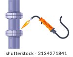 welding machine repairs an iron pipe. flat vector illustration.